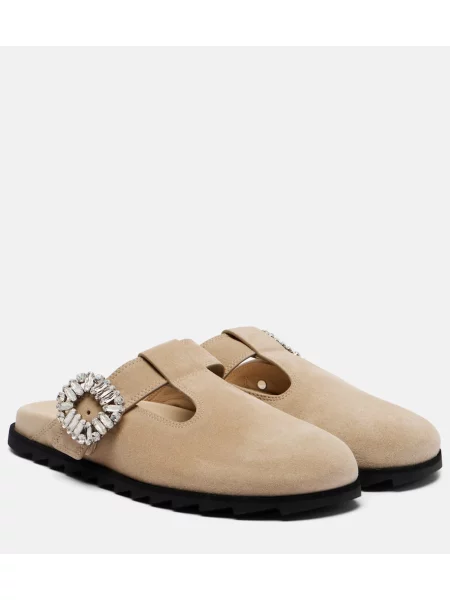 Papuci tip mules Roger Vivier din piele de căprioară bej
