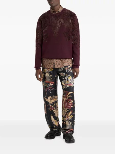 Pantaloni Etro de mătase cu model floral negru