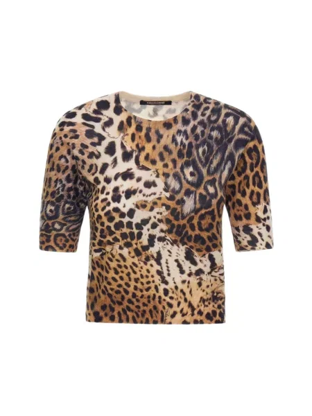 Sweter Roberto Cavalli wełniany z nadrukiem z krótkim rękawem brązowy