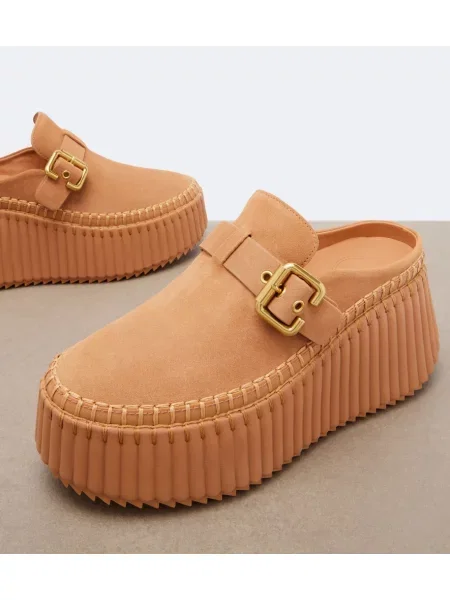 Papuci tip mules Chloé din piele cu platformă maro