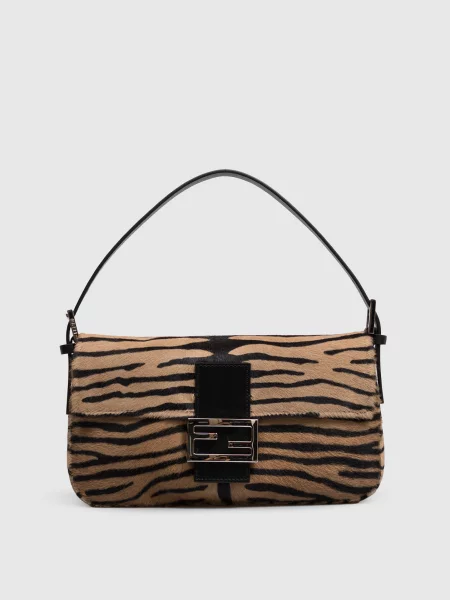 Сумка зі шкіри з ворсом в анімалістичний принт Fendi коричнева