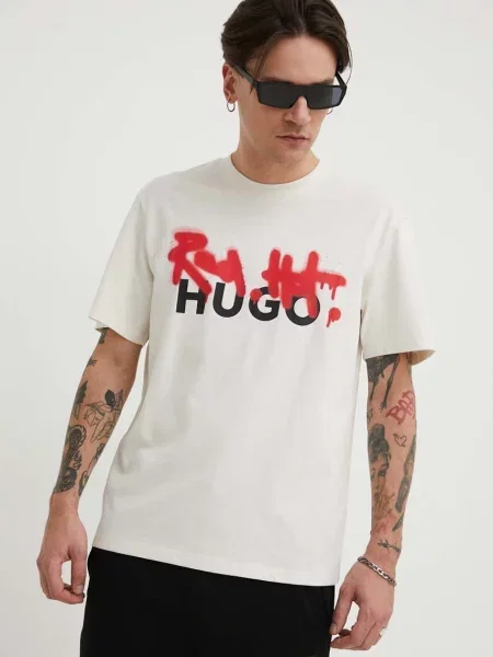 HUGO tricou din bărbați cu imprimeu bej