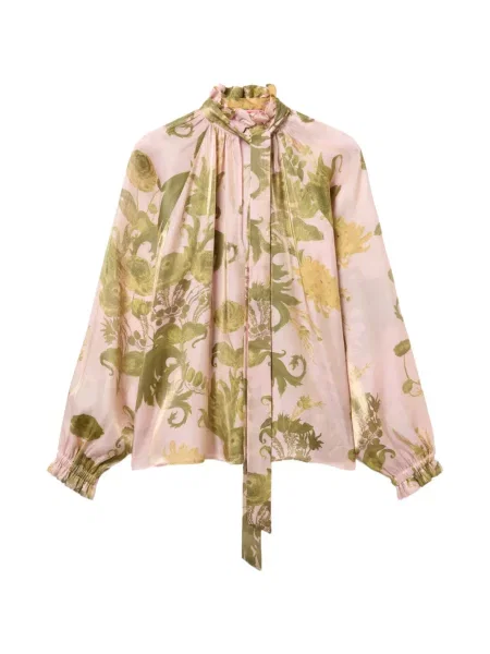 Bluză La Doublej cu model floral cu imagine cu legături roz