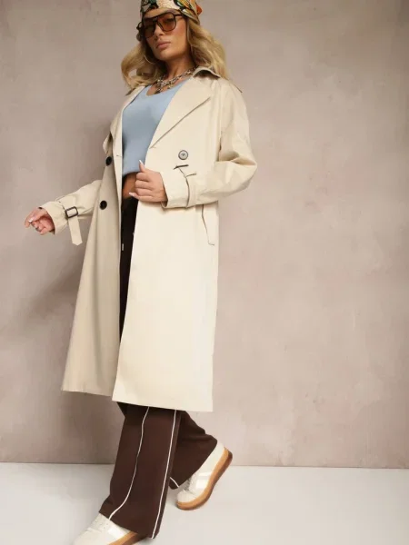 Trenci Lung cu Două Rânduri de și Sabila bej