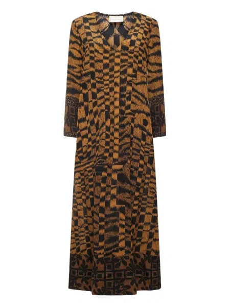 Sukienka maxi Pierre Louis Mascia z nadrukiem w abstrakcyjne wzory garniturowa brązowa