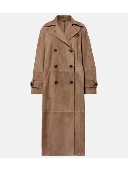 Palton Brunello Cucinelli din piele de căprioară cu două rânduri de nasturi maro