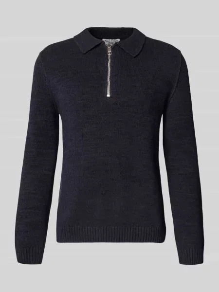 Sweter o kroju relaxed fit w stylu polo z dzianiny z mieszanki bawełny Marc O'polo Denim granatowy