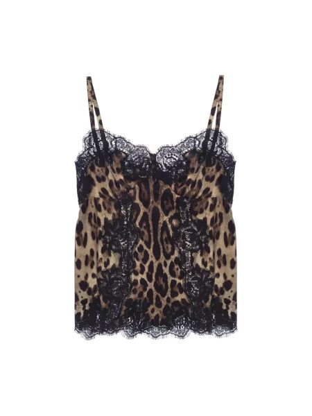 Satynowy top Dolce And Gabbana w panterkę brązowy