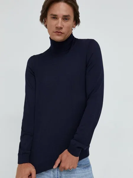 BOSS pulover de lână bărbați bleumarin light cu guler