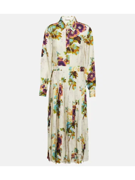 Rochie tip cămașă Tory Burch din satin cu model floral plisată