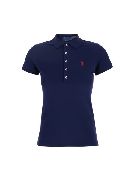 Koszulka polo Ralph Lauren z autografem ze stretchu z siateczki niebieska