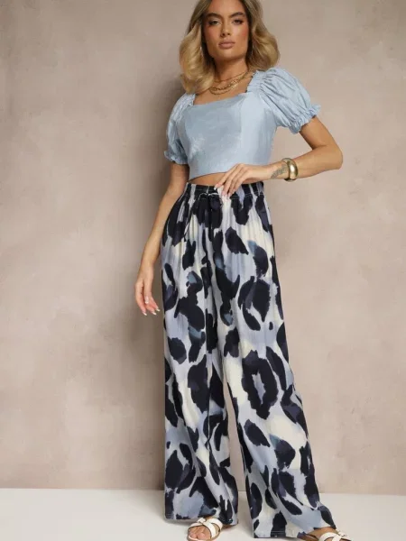 Szerokie Spodnie High Waist z Wiskozą w Panterkowy Wzór Zeviera niebieskie