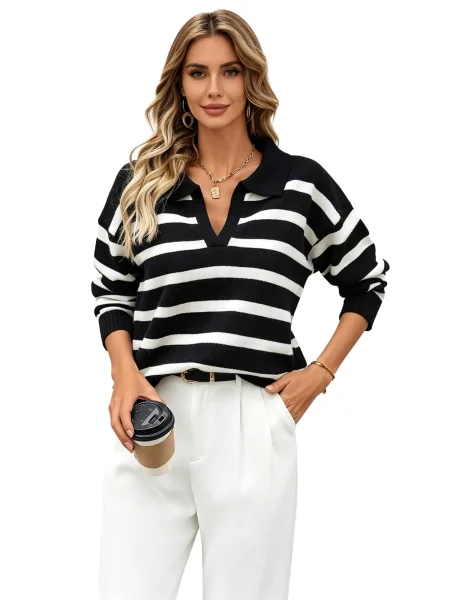 KoJooin Svetr Damen Modischer Gestreifter Cardigan mit Kragen – Locker Geschnittener Vielseitiger Strickpullover' černá