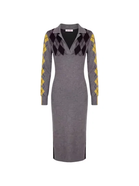 Rochie midi Zankov din lână merinos cu model argyle gri
