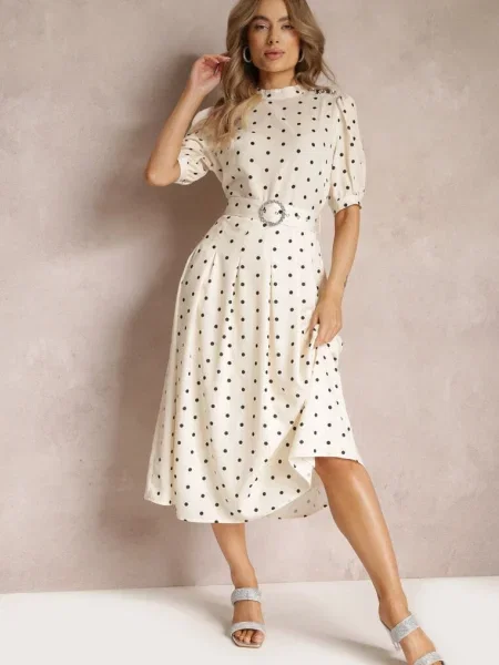 Rochie midi cloș deschis cu în talie și decorativă cu cataramă Abennita bej