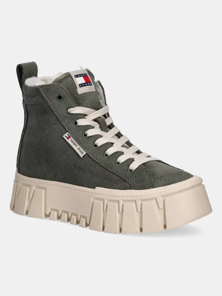 Велурени обувки Tommy Jeans TJW VULC FLATFORM SUEDE WL зелено