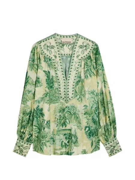 Top Alemais cu model floral cu imagine cu decolteu în V verde