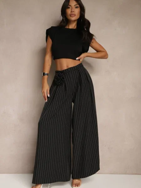 Spodnie Palazzo High Waist Ozdobione Broszką Kwiatem Folassea czarne