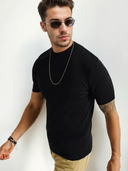 Pulover Dewberry tricotate cu mâneci scurte cu decolteu în U negru