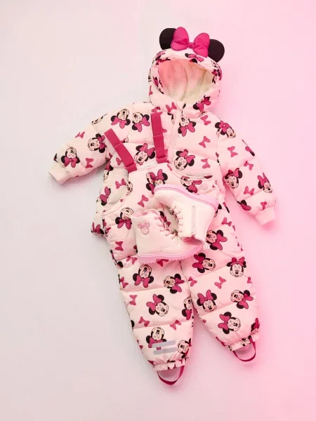 Sinsay Prošívaná puffer bunda s kapucí Minnie Mouse krémová