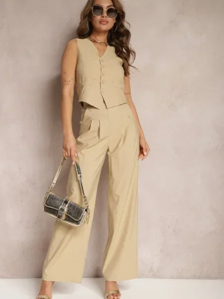 Garniturowy Komplet Kamizelka i Proste Spodnie High Waist Nithriella beżowy