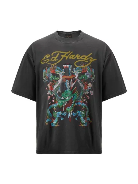Ed Hardy Tricou Battle Of The Dragons galben citron / gri grafit / verde pin alb