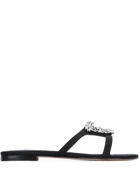 Sandale Manolo Blahnik din satin fără toc de cristal negru