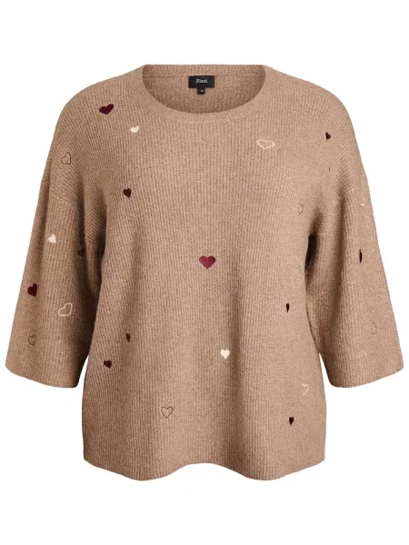 Zizzi Pulover Sunny Heart maro deschis / roșu alb