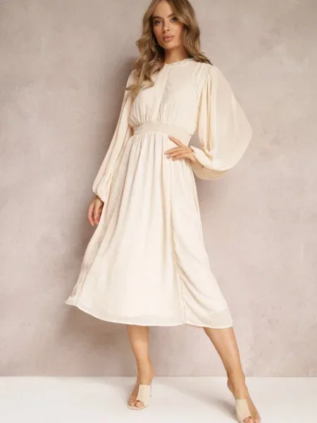 Rochie midi cloș cu în talie și dantelă Ottilda bej