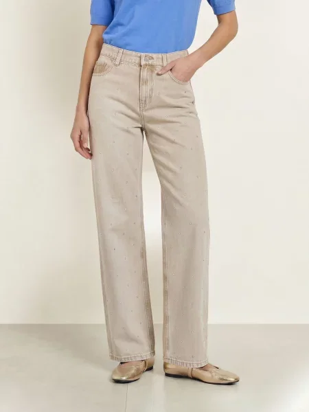 Maje Jeansy Wide Leg Z Kamyczkami Ozdobnymi beige beżowe