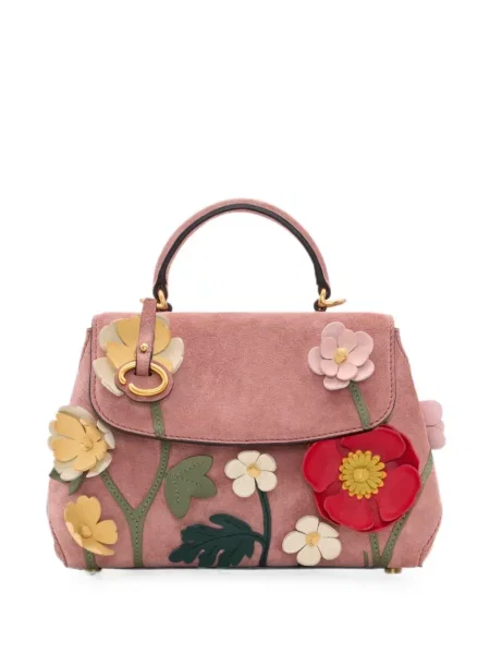 Geantă shopper Oscar De La Renta din piele de căprioară cu model floral cu aplicații roz