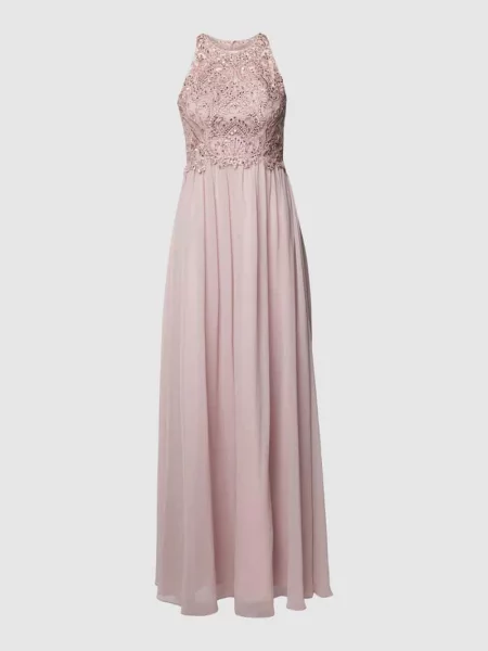 Sukienka wieczorowa z kwiatowymi haftami i ozdobnym obszyciem Laona