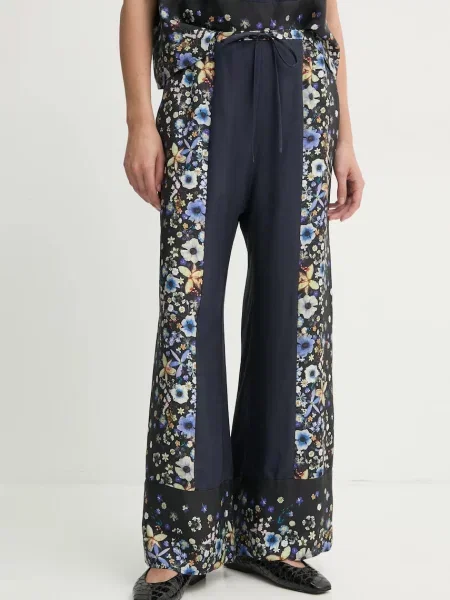 MUNTHE pantaloni de matase FABERT marin drept high waist albastru