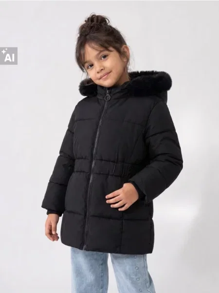 Sinsay Prošívaná puffer bunda s kapucí a kožešinou černá