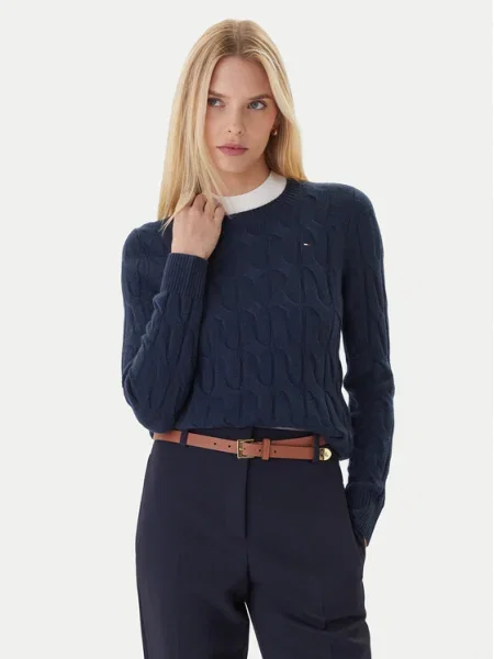 Pulóver Tommy Hilfiger Soft Wool Cable C-Neckk Ls Sweater Dark Night Navy L haditengerészet