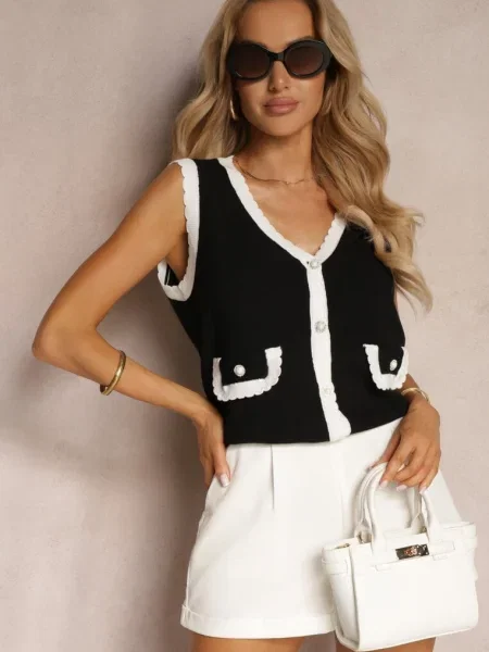 Czarno-Biała Kamizelka z Dodatkiem Ozdobiona Cyrkoniami i Perłami Zapinana na Ervia biała