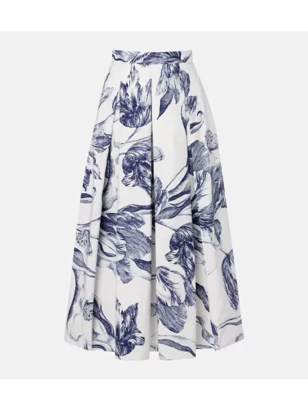 Fustă midi Erdem cu model floral până la genunchi din poplin albastru