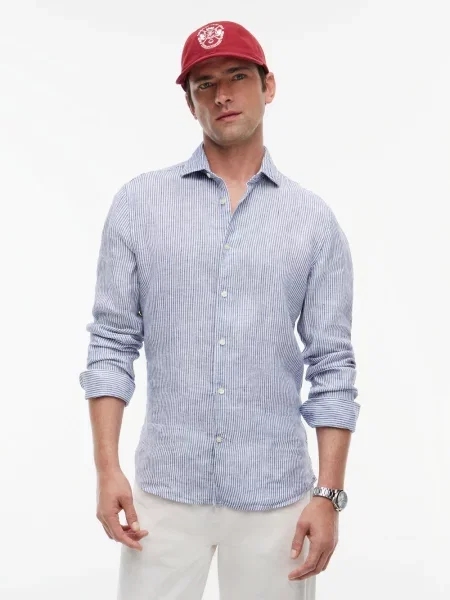 Tommy Hilfiger Tailored koszula lniana Mężczyźni Slim Fit len niebieski|biały S biała