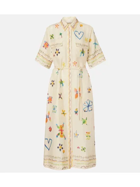 Rochie tip cămașă Alemais de in cu model floral de costum alb