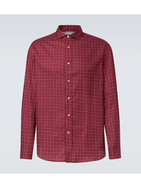 Kostkovaná poplínová košile Brunello Cucinelli vínová