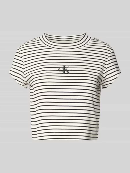 Przycięty T-shirt w paski z logo Calvin Klein Jeans czarny