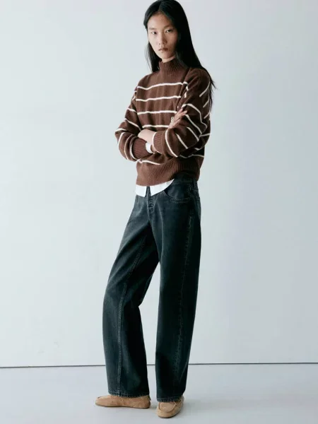 Sweter w paski z półgolfem Kobieta XXL MANGO brązowy