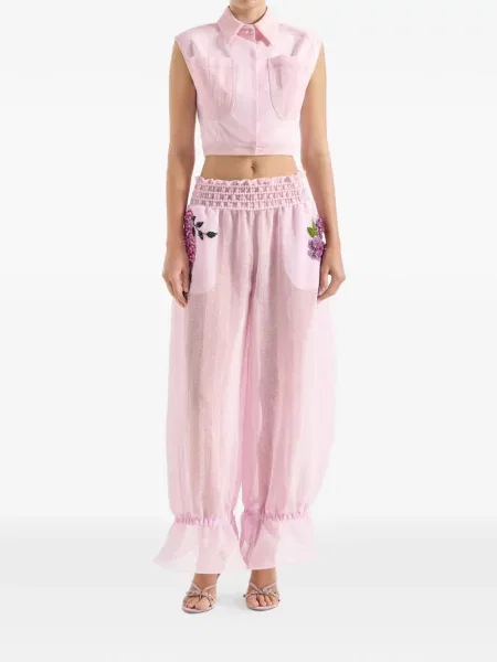 Pantaloni Genny cu model floral cu volane roz