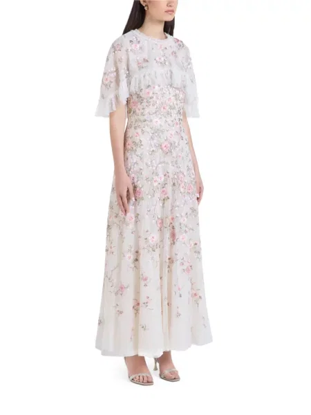 Rochie maxi Needle & Thread cu model floral cu volane alb