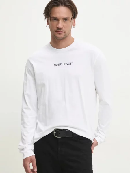 Класическа тениска с дълъг ръкав Guess Jeans с апликация бяло