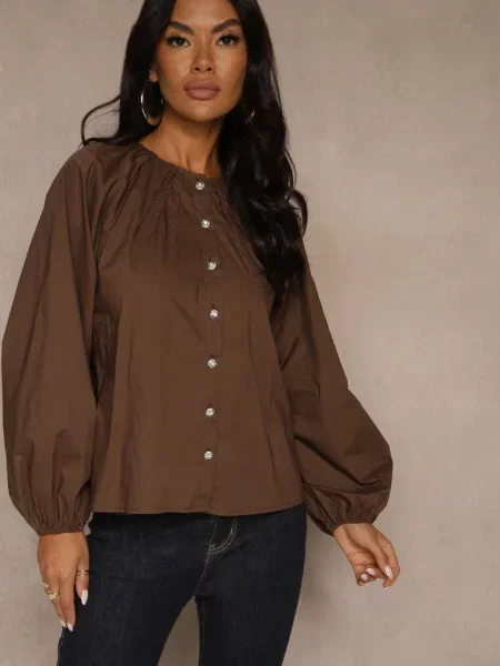 Koszula Ozdobiona Marszczeniem i z Cyrkoniami Zenana brązowa