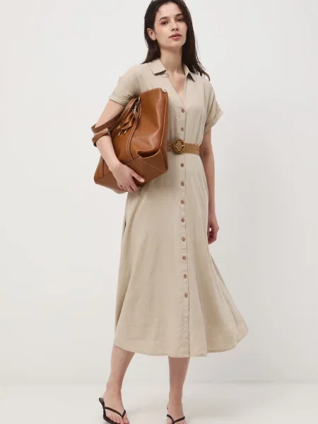 Medicine sukienka rozkloszowana z lnem beżowa