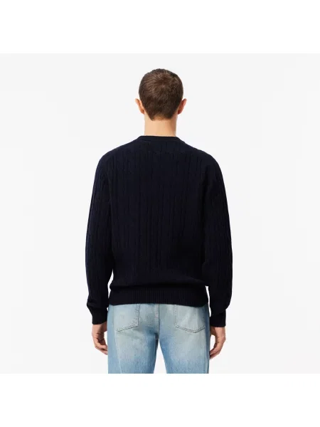 Lacoste Wełniany Sweter Warkoczowy Z Okrągłym Dekoltem granatowy