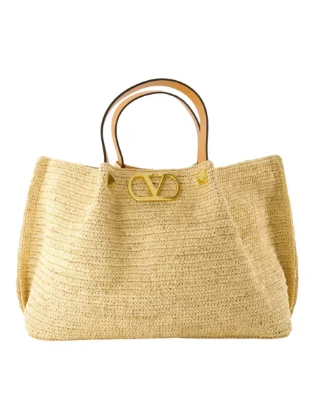 Lniana shopperka Valentino Garavani z logo beżowa