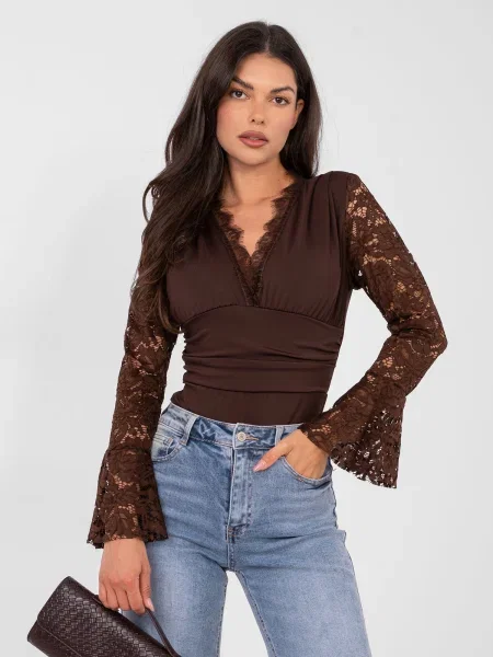 Body Italy Moda cu mâneci lungi din dantelă maro